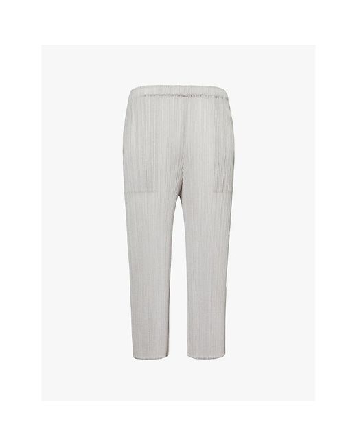 Pleats Please Issey Miyake Gray Light Pleated Straight-Leg Mid-Rise Knitted Trousers