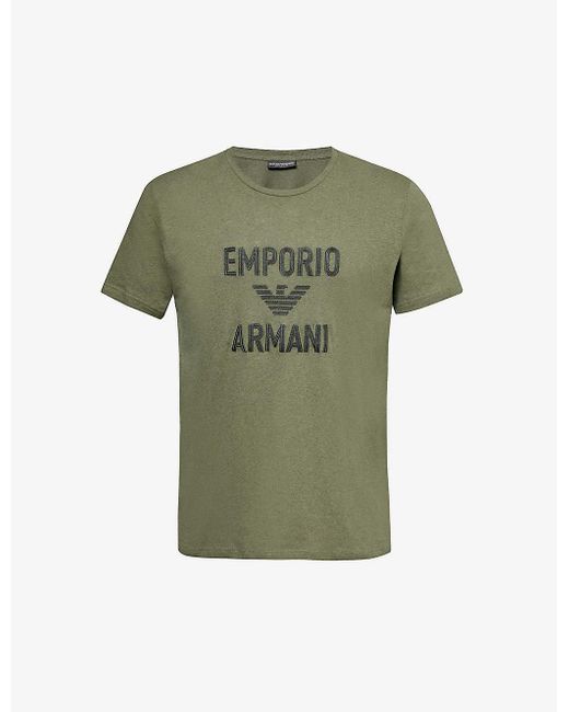 Emporio Armani Green Logo Text-embroidered Relaxed-fit Cotton And Linen-blend T-shirt X for men