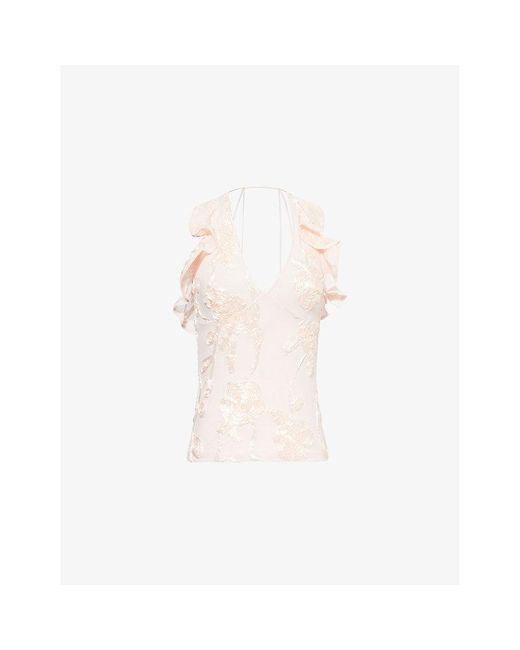 ROTATE BIRGER CHRISTENSEN White 3D Floral-Embroidered Ruffle Stretch-Woven Top