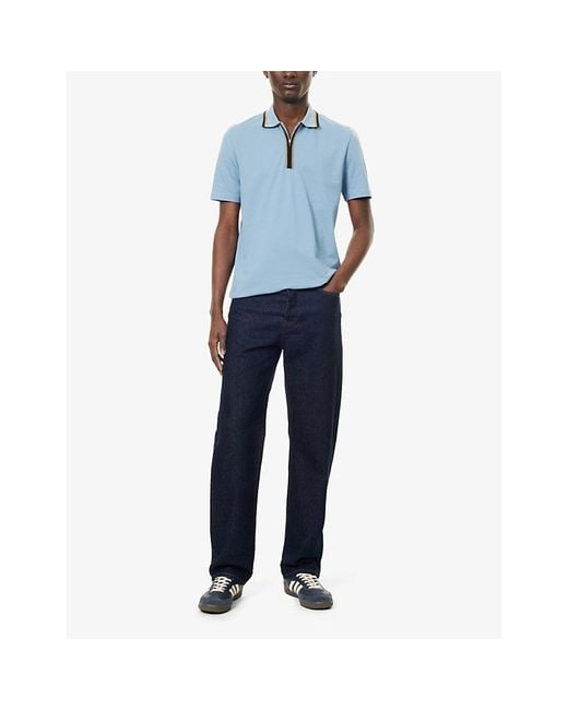 Paul Smith Blue Half Zip Stretch-Cotton Polo Shirt for men