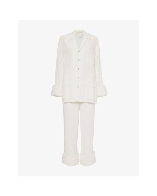 Olivia Von Halle Fifi Faux Fur Trim Silk Crepe Pyjamas in White Lyst UK
