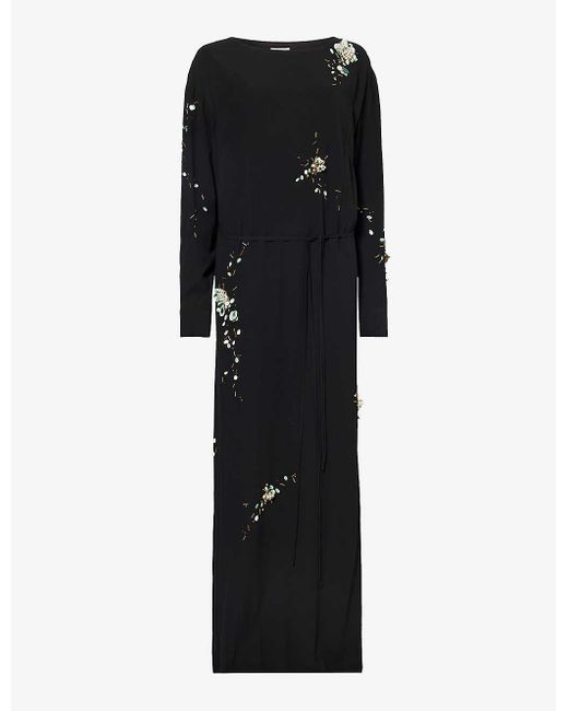 Dries Van Noten Black Floral Bead-embellished Relaxed-fit Woven Maxi Dress