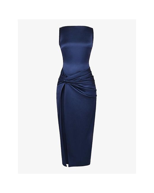 House Of Cb Blue Roxanne Slash-neck Thigh-slit Woven Maxi Dress