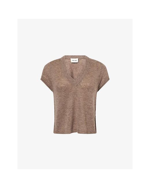 ME+EM Brown V-Neck Cap-Sleeves Wool, Cashmere And Silk Top