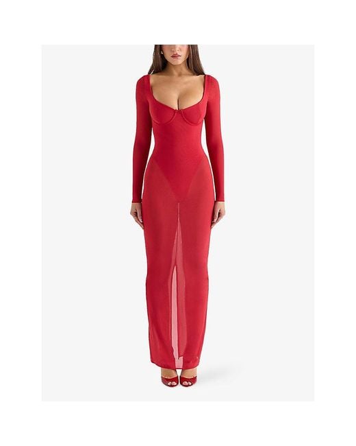 House Of Cb Red Everly Mesh Maxi Dress With Bodysuit