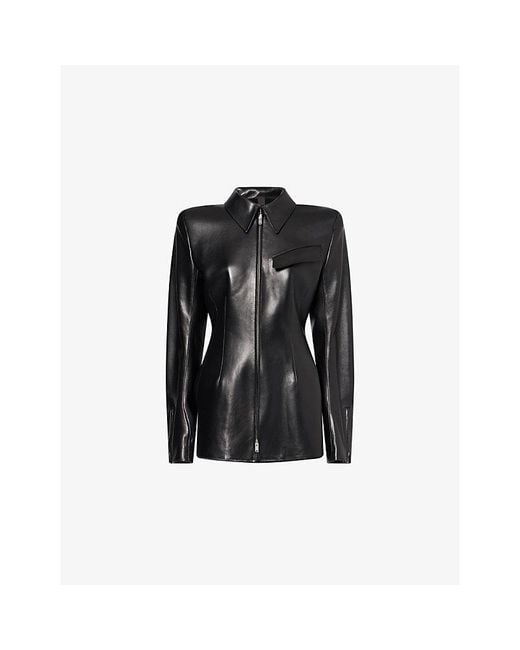 Mugler Black Collared Cinched-Waist Leather Jacket