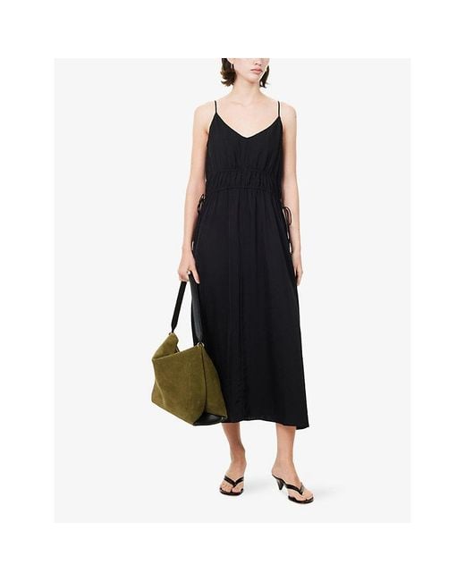 Theory Black Gathered V-Neck Woven Maxi Dress