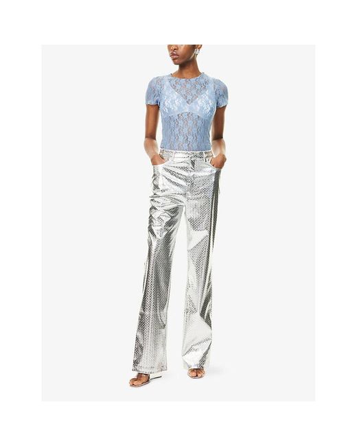 Amy Lynn Blue Orla Round-Neck Floral-Lace Woven T-Shirt