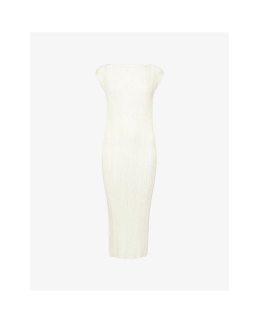 Issey Miyake White Sleeveless Pleats Knitted Midi Dress