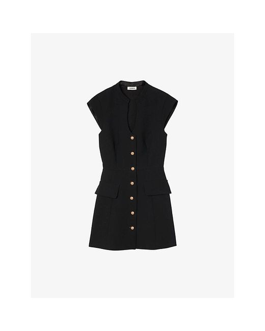 Sandro Black Capped-Sleeves Buttoned Knitted Mini Dress