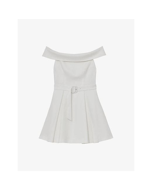 Reiss White Arwen Belted-Waist Bardot Stretch-Woven Mini Dress