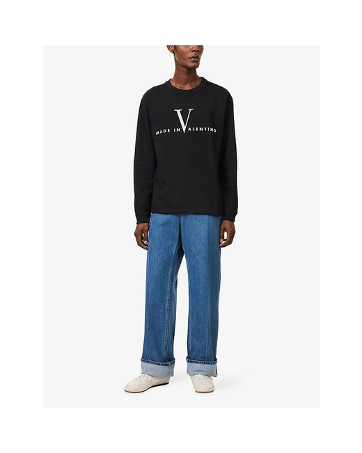 Valentino Garavani Black Logo-Text Long-Sleeve Cotton-Jersey T-Shirt for men