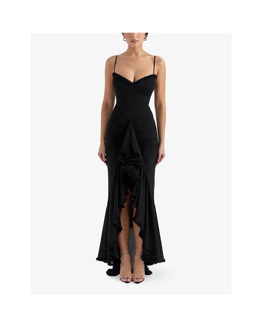 House Of Cb Black Gabbi Ruffle-Trim Stretch-Woven Maxi Dress