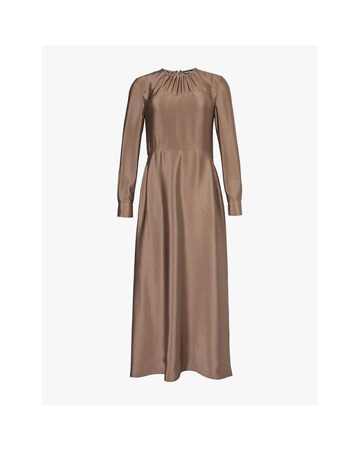 Giorgio Armani Brown Long-Sleeve Round-Neck Silk Maxi Dress