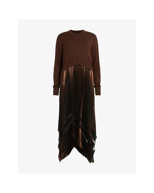 AllSaints Brown Nadia Pleated-skirt Wool Midi Dress