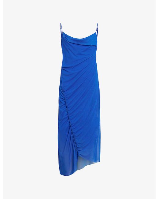AllSaints Blue Ulla Cowl-neck Draped Recycled Polyester-blend Midi Dress