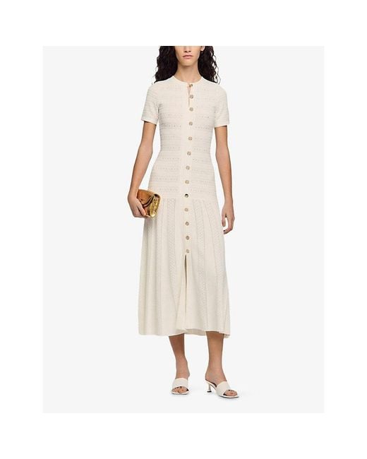 Sandro White Short-Sleeved Button-Up Knitted Maxi Dress