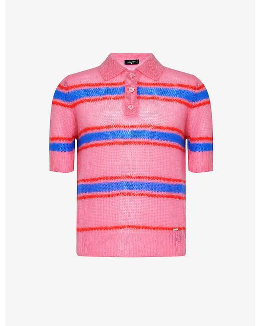 DSquared² Pink Striped Mohair Wool-blend Knitted Polo Shirt for men