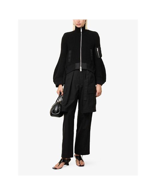 Sacai Black Funnel-Neck Ribbed Wool Jacket