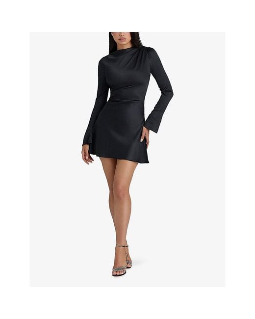 House Of Cb Black Lulu Flute Long-Sleeve Satin Mini Dress Xs (A-C Cup)