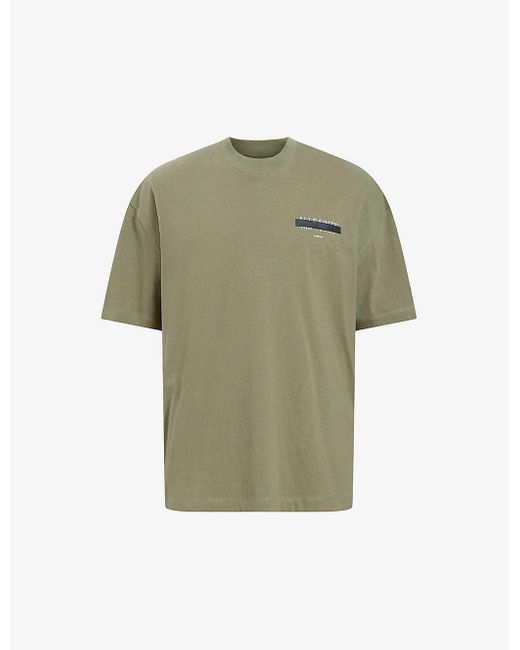 AllSaints Green Redact Embroidered-box Organic-cotton T-shirt for men