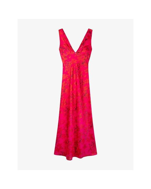OMNES Red Casey Floral-Print Satin Maxi Dress