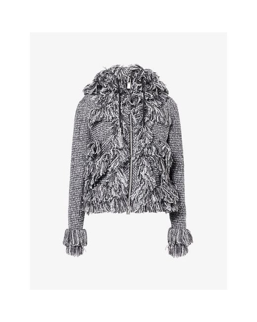 Sacai Gray Tassel-Trim Hooded Tweed Jacket