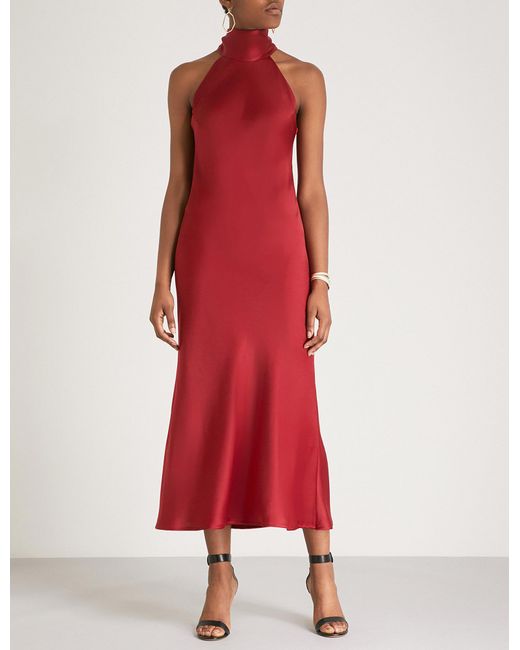 Galvan Red Sienna Halterneck Satin Midi Dress