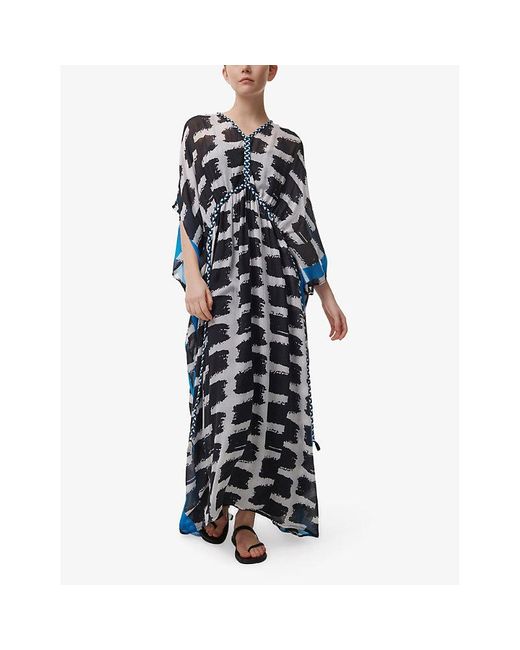 eem Blue Abstract-Print Braided-Trim Model Maxi Kaftan