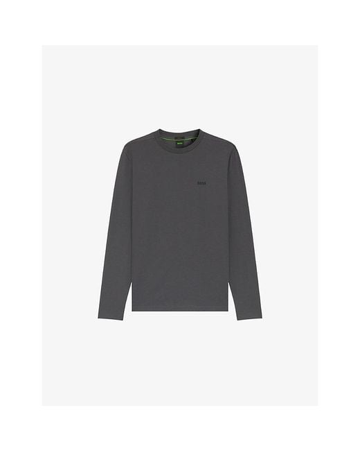 Boss Gray Brand-Print Long-Sleeved Stretch-Cotton T-Shirt for men