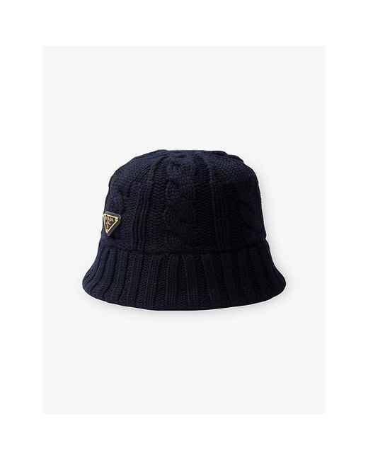 Prada Blue Logo-Plaque Wool Bucket Hat
