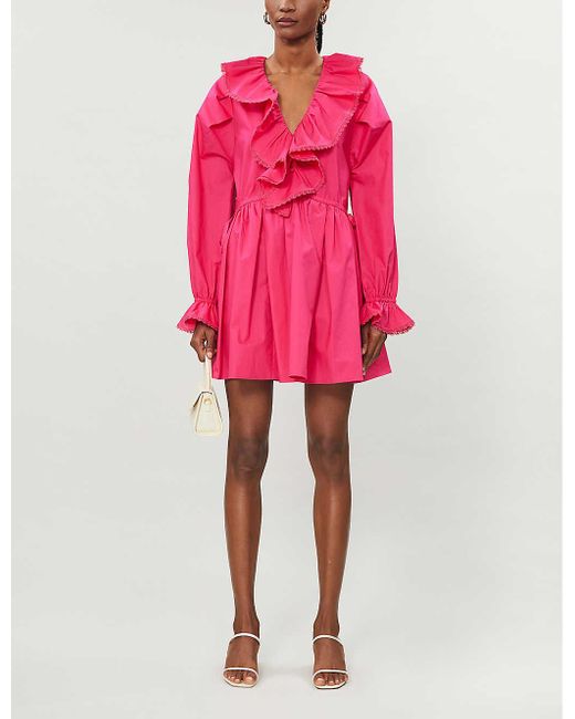 Self-Portrait Pink Ruffled Cotton-poplin Mini Dress