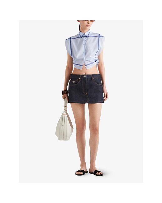 Prada Blue Brand-plaque Low-rise Denim Mini Skirt