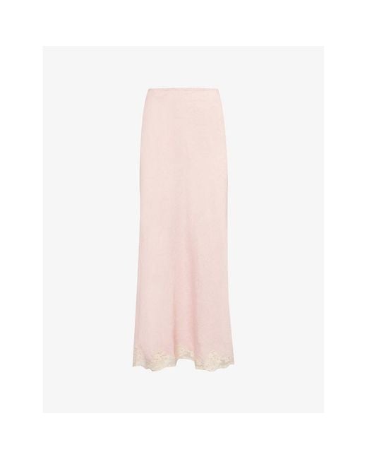 Rixo Pink Crystal Lace-trim Mid-rise Woven Maxi Skirt