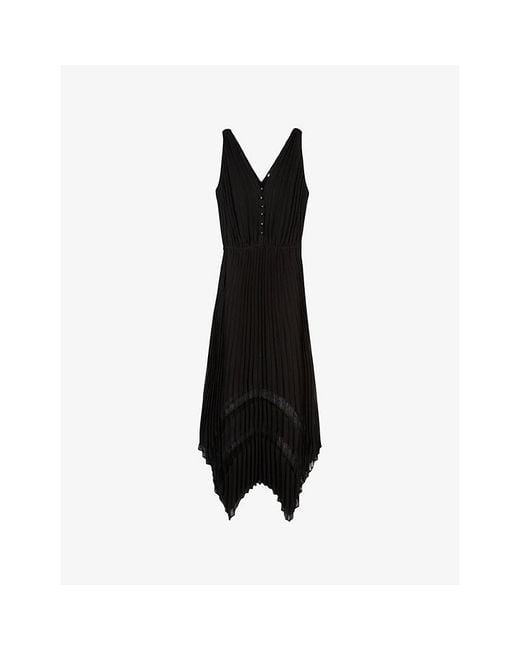 The Kooples Black Lace-Embroidered V-Neck Pleated Woven Midi Dress
