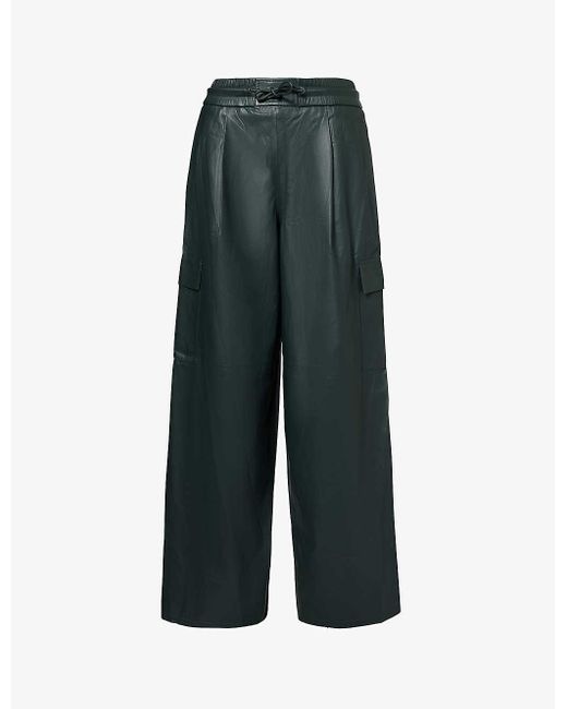Yves Salomon Green Wide-leg Mid-rise Relaxed-fit Leather Cargo Trousers