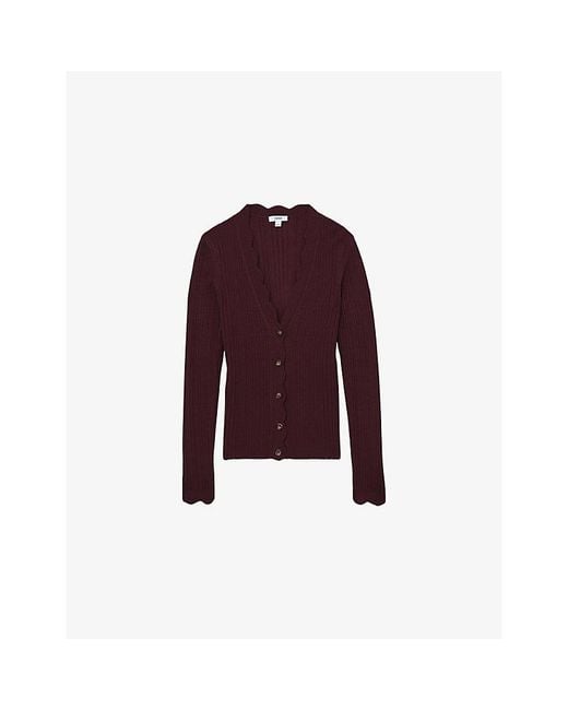 Reiss Purple Vinny Scallop-Trim Ribbed-Knit Cardigan