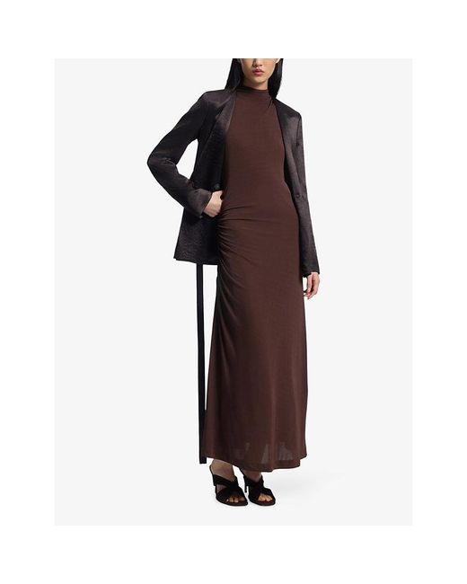 Boss Brown Gathered-Detail Slim-Fit Jersey Maxi Dress