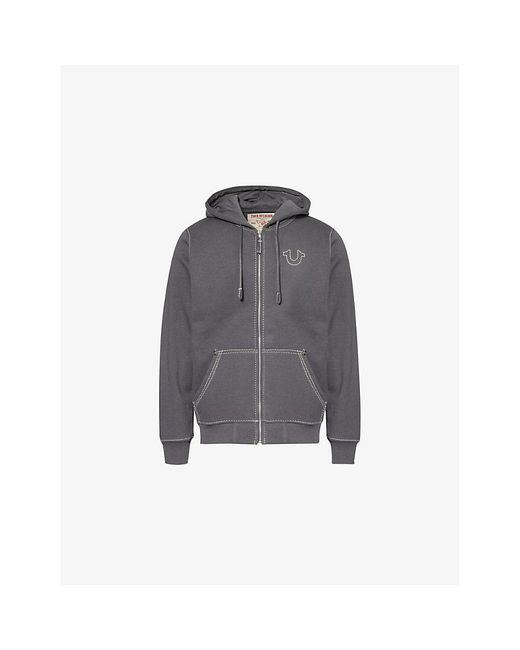 True Religion Gray Big-T Contrast-Stitching Relaxed-Fit Cotton-Blend Hoody for men