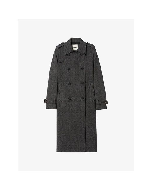 Sandro Black Rhinestone-Embellished Button-Down Stretch-Woven Trench