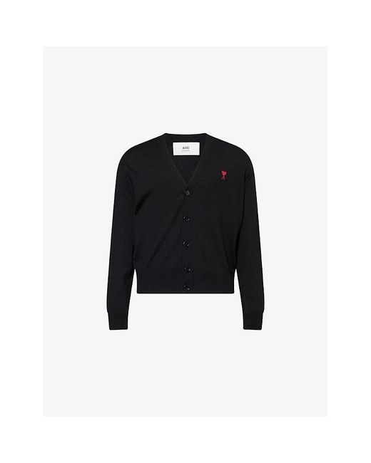 AMI Black Brand-Embroidery V-Neck Wool Cardigan for men