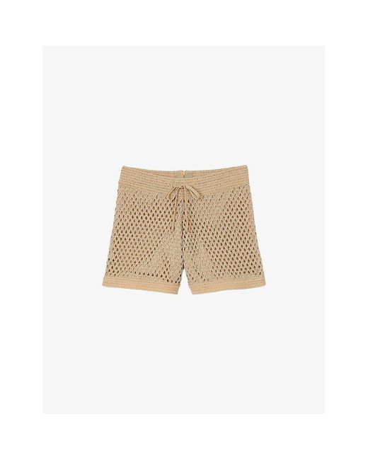 Sandro Natural Drawstring-Waist Sequin-Embellished Knitted Shorts