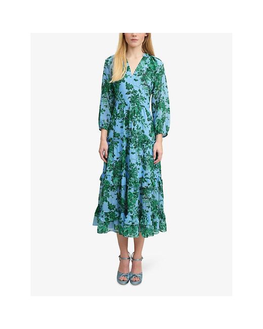 L.K.Bennett Blue Eleanor Floral-print Tiered-hem Woven Midi Dress