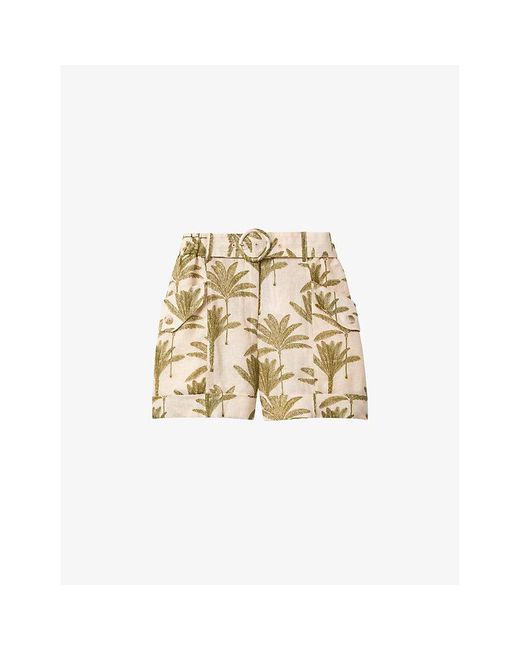 Reiss Natural Cali Palm-print Belted-waist Linen Shorts