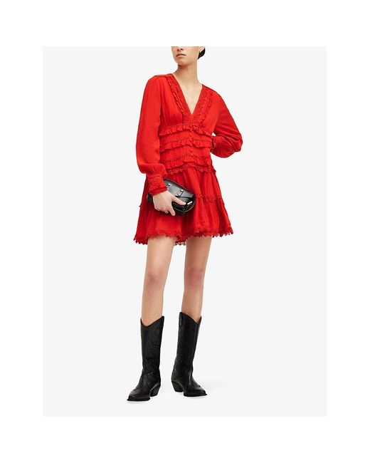 AllSaints Red Zora V-neck Smocked-back Woven Mini Dress