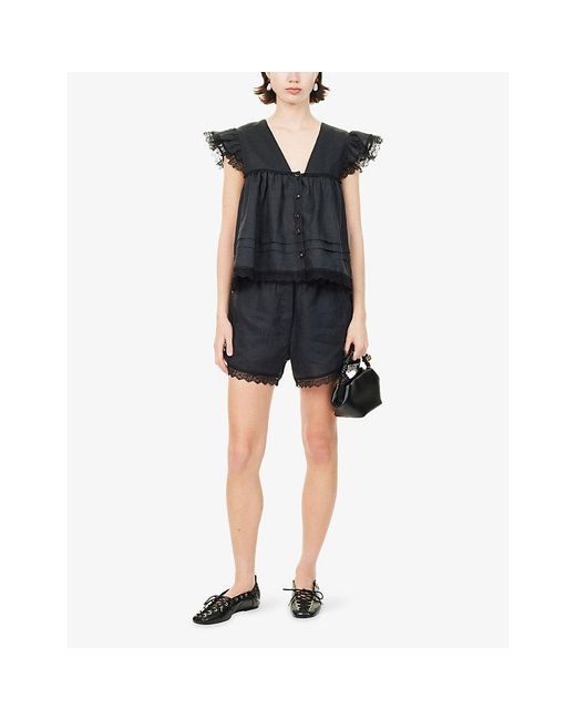 Ganni Blue Angel Short-Sleeve Linen Top