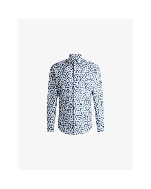 Boss Blue Abstract-Print Regular-Fit Stretch-Cotton Shirt for men