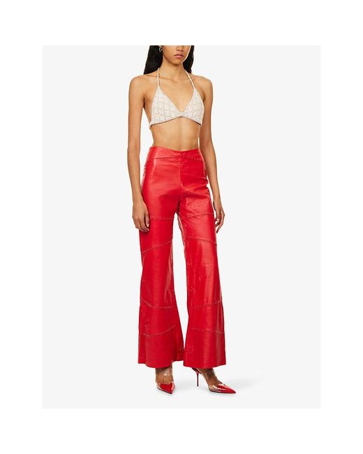 GRACE FAENA Red The Monarch Crystal-Embellished Leather Trousers