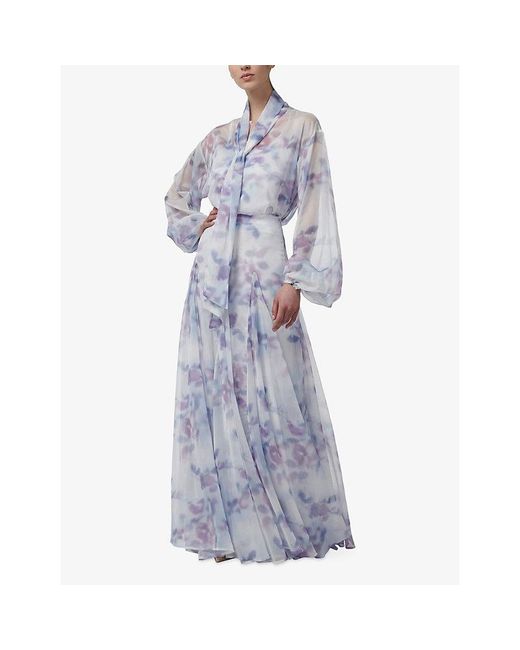 eem Blue Floral-Print High-Rise Chiffon Maxi Skirt