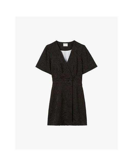 Claudie Pierlot Black Wrap-Front Short-Sleeve Jacquard Mini Dress